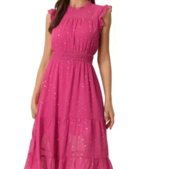 Allegra K Smocked Waist Gilding Metallic Stars Chiffon Dress - Picture 1 of 11